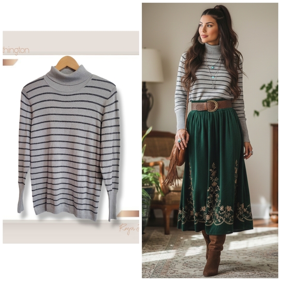 Worthington Sweaters - 🌿Worthington XL Women's Silver Gray Metallic Shimmer Striped Turtleneck Blouse